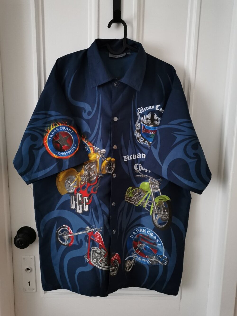 Choppers Urban Coast Men's Shirt Button Up Blue Motorcycle Graphics Size XL